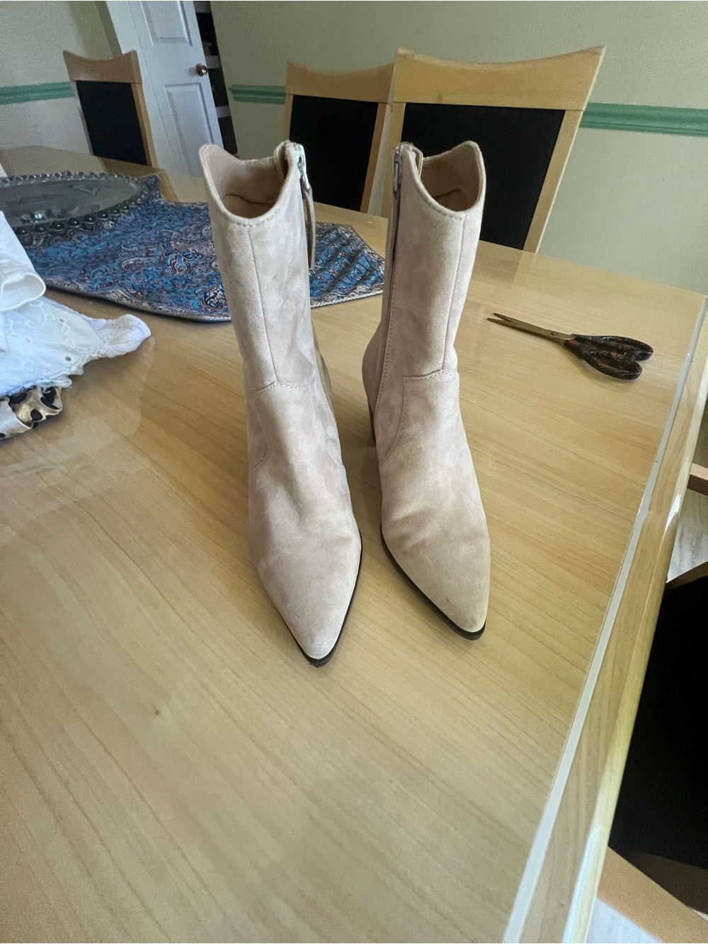 Paolo Beige Suede Pointed-Toe Mid-Calf Heeled Boots
